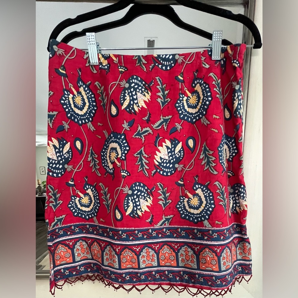 Boston Proper Red Floral Skirt with Navy & Cream Accents